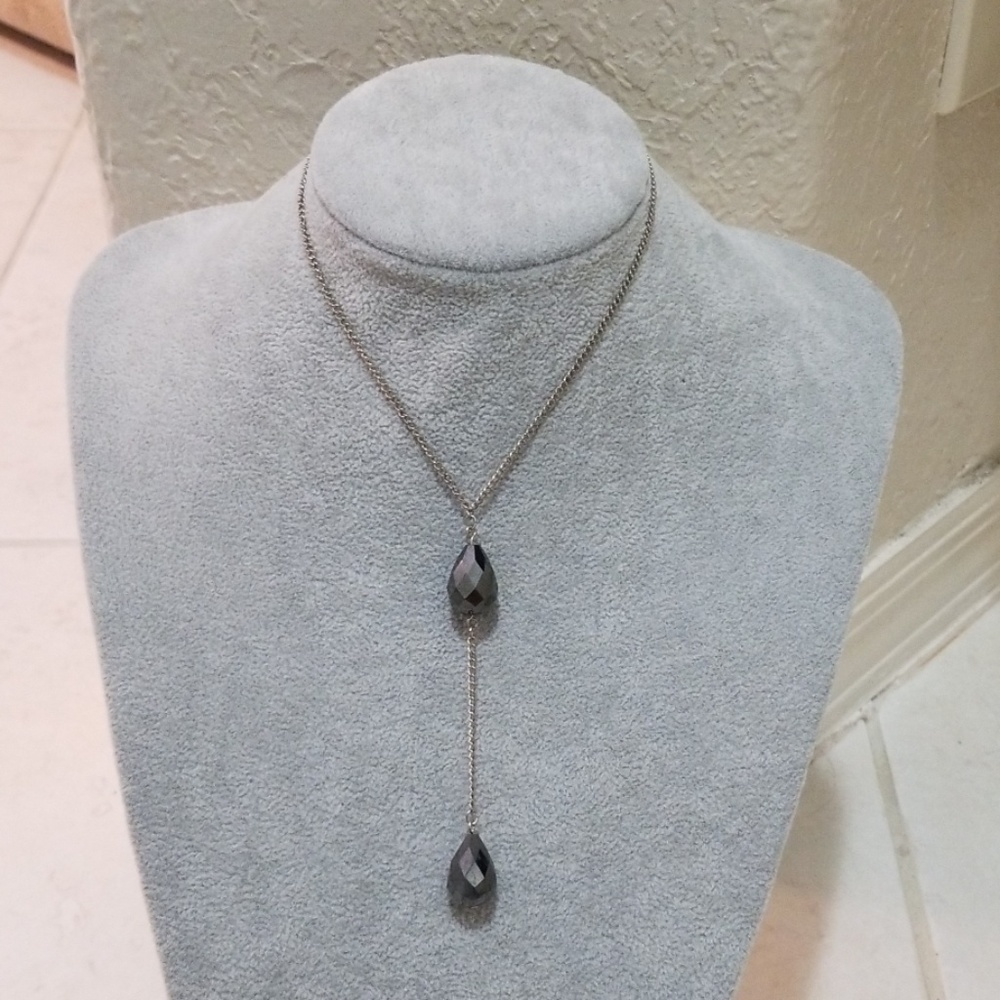 Express Silver & Black Beaded Drop Necklace